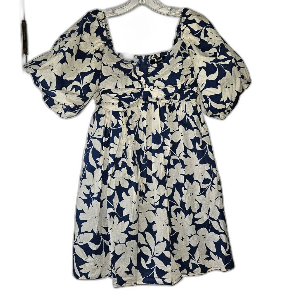 TRIXXI Blue White Floral Babydoll Dress with Puff Sleeve Mini Small